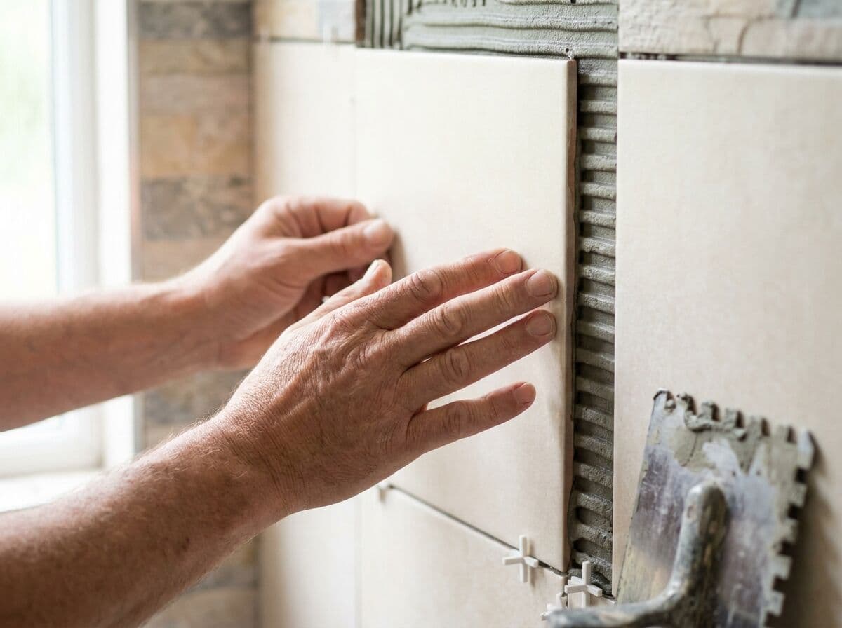Hands setting a tile into fresh adhesive, with spacers and a notched trowel alongside.